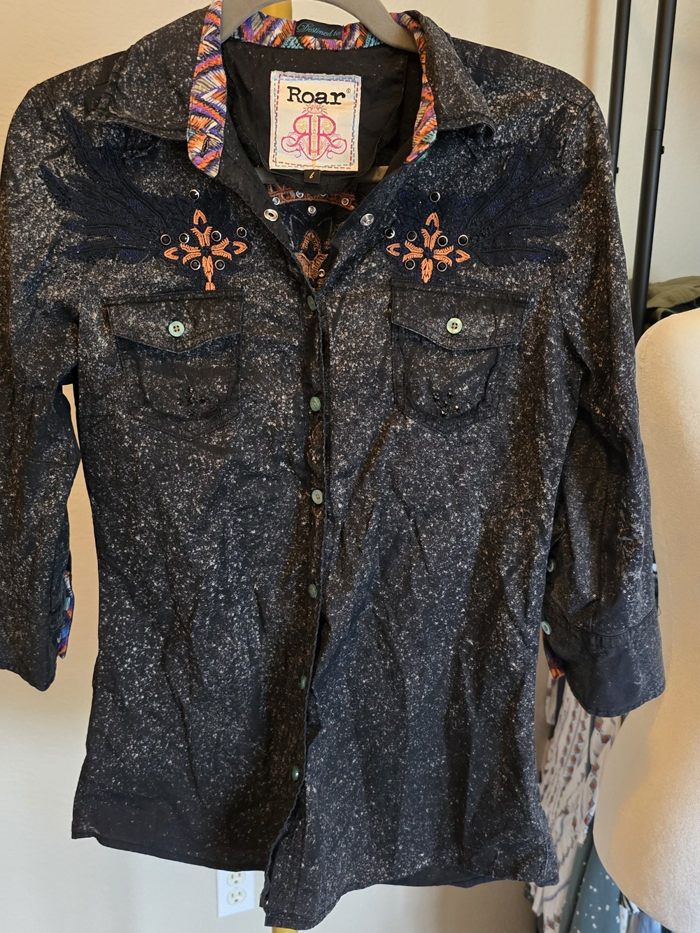Roar Black Speckled Embroidered Button-Up Shirt